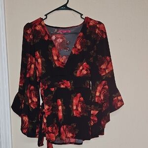 Betsey Johnson- Black Top with Red Floral Print- Sz LARGE